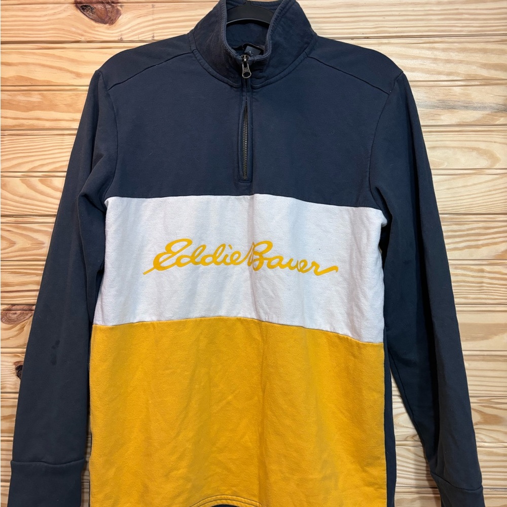 Eddie Bauer Blue, White, and Yellow Half-Zip Pullover